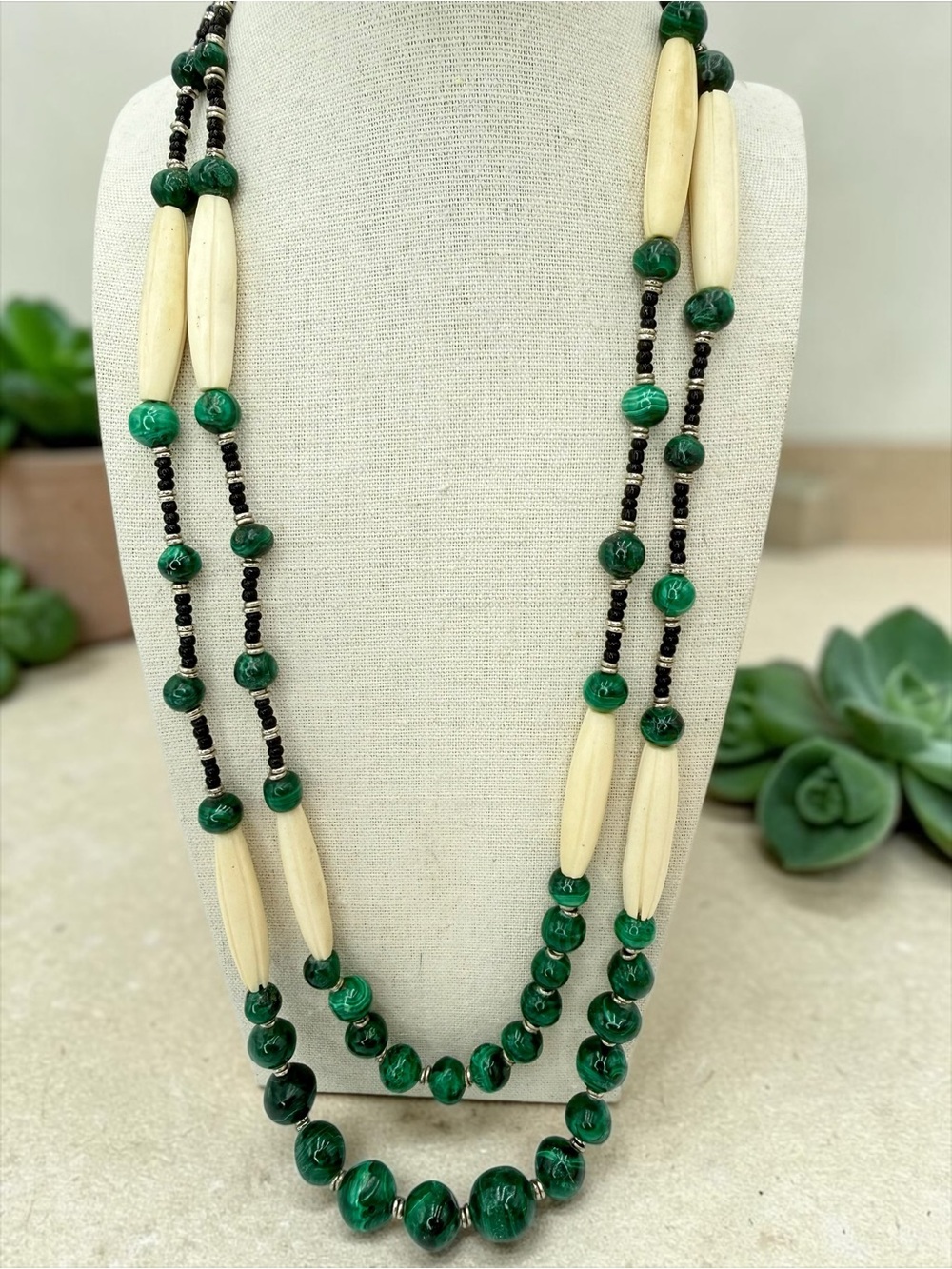 Vintage Malachite Bone Double Strand Necklace Tribal Boho 160g 26” & 28” strands